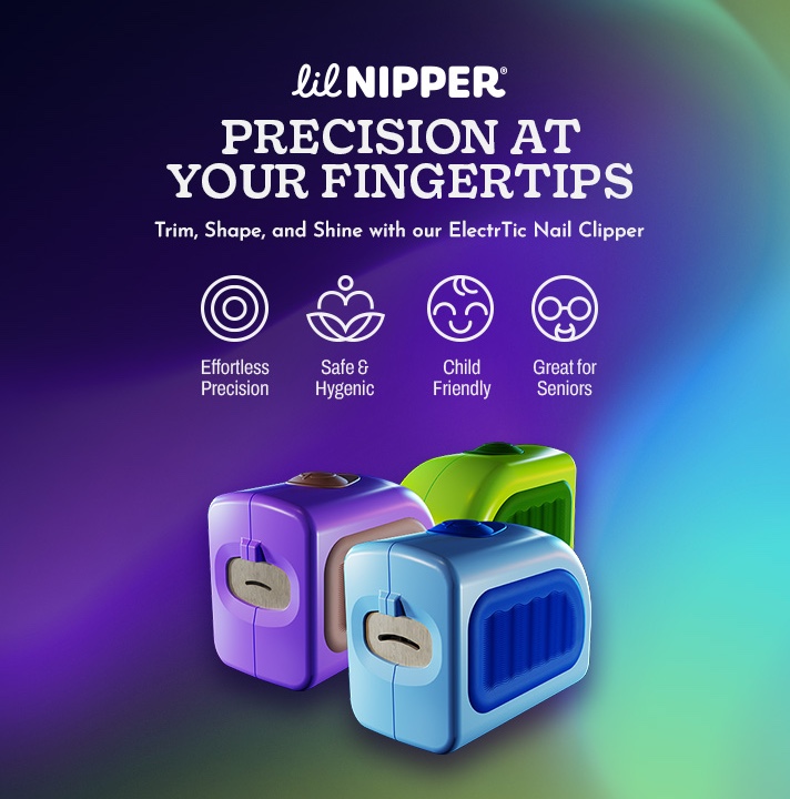 A photo of 3 electric nail clippers with text above. Lil Nipper: Precision at your fingertips. Trim, shape, and shine with our electric nail clipper.
