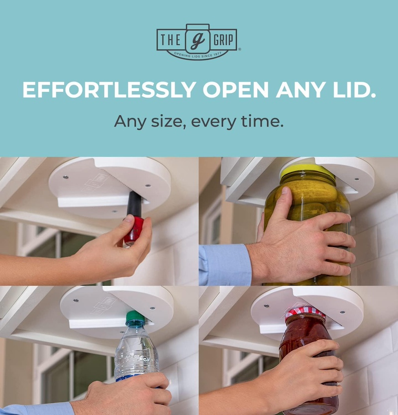 Hands use the jar opener to open various sizes of containters, including a nail polish bottle, a pickle jar, a plastic water bottle, and a jam jar.