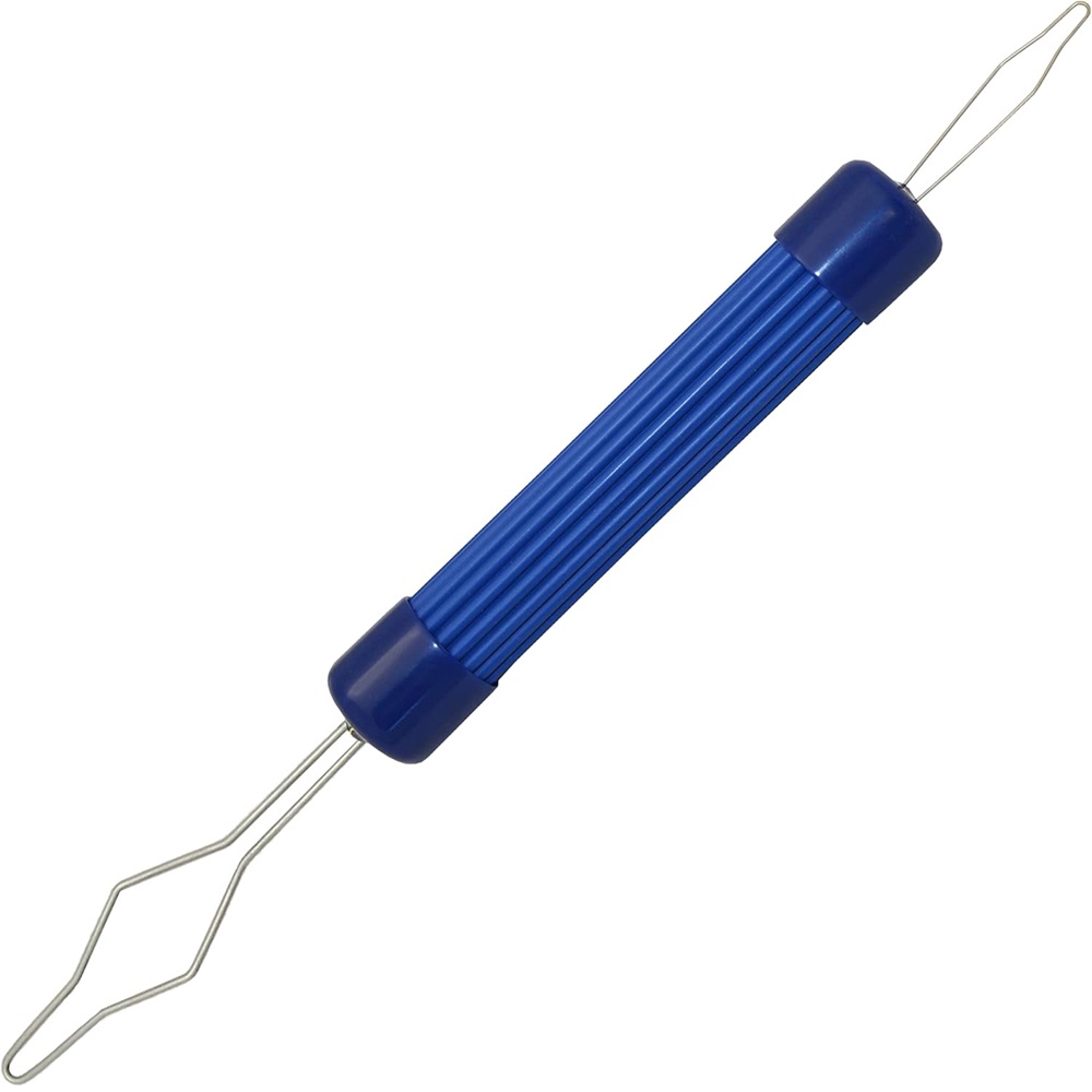 A button hook with a blue handle on a white background.