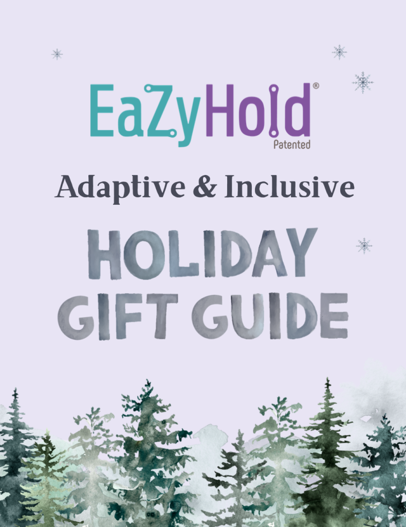 Cover of a gift guide that reads, "EasyHold Adaptive and Inclusive Holiday Gift Guide" over a light purple background with watercolor pine trees and snowflakes.