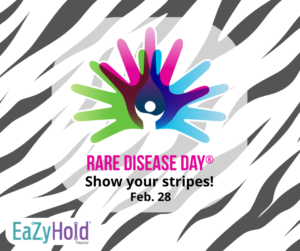 Zebra striped background with the NORD Rare Disease Day Logo, and text underneath that reads, "show your stripes! Feb. 28"