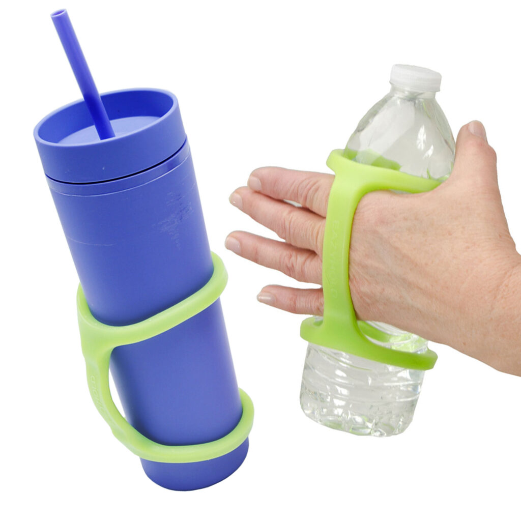 A blue tumbler with a lid and straw with a green EasyHold on it next to a plastic bottled water with a green EasyHold helping a woman's hand hold it. All over a white background.