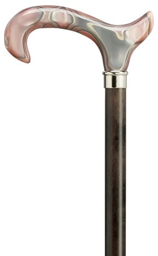 A derby handle cane with a pink and grey marbled head over a white background