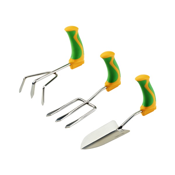Three kinds of easy grip gardening tools with green and yellow vertical handles for ergonomic leverage.