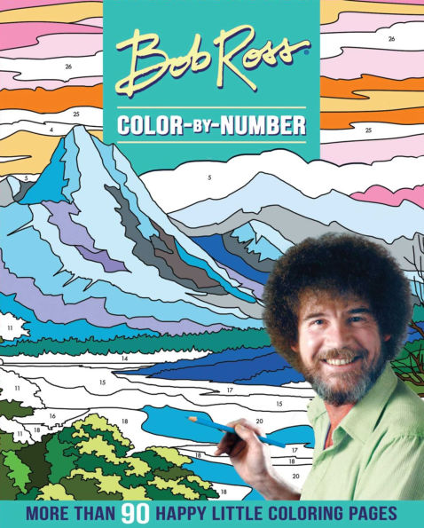 The cover of a Bob Ross color-by-number book. Features Bob Ross smiling in front of a half-colored in landscape. Reads "more than 90 happy little coloring pages" at the bottom.