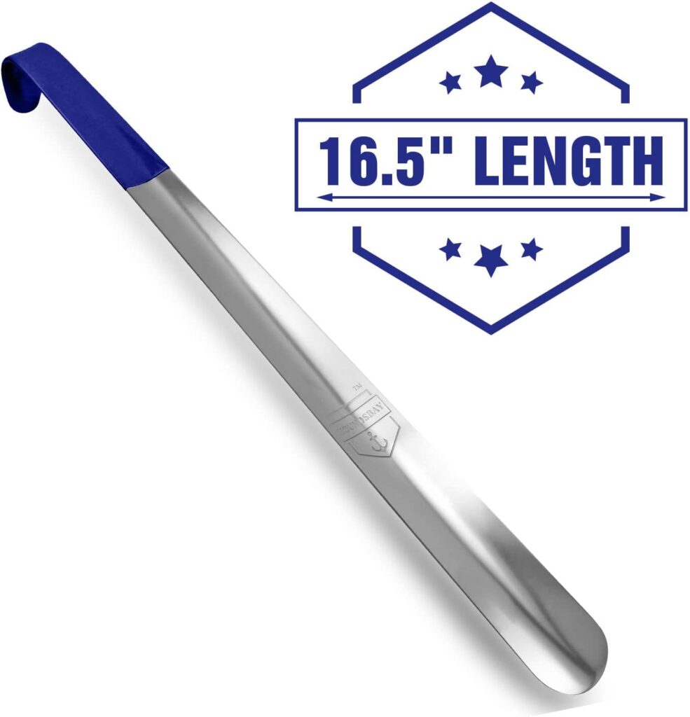 A long handled metal shoehorn on a white background with a graphic specifying that it is 16.5 inches in length.