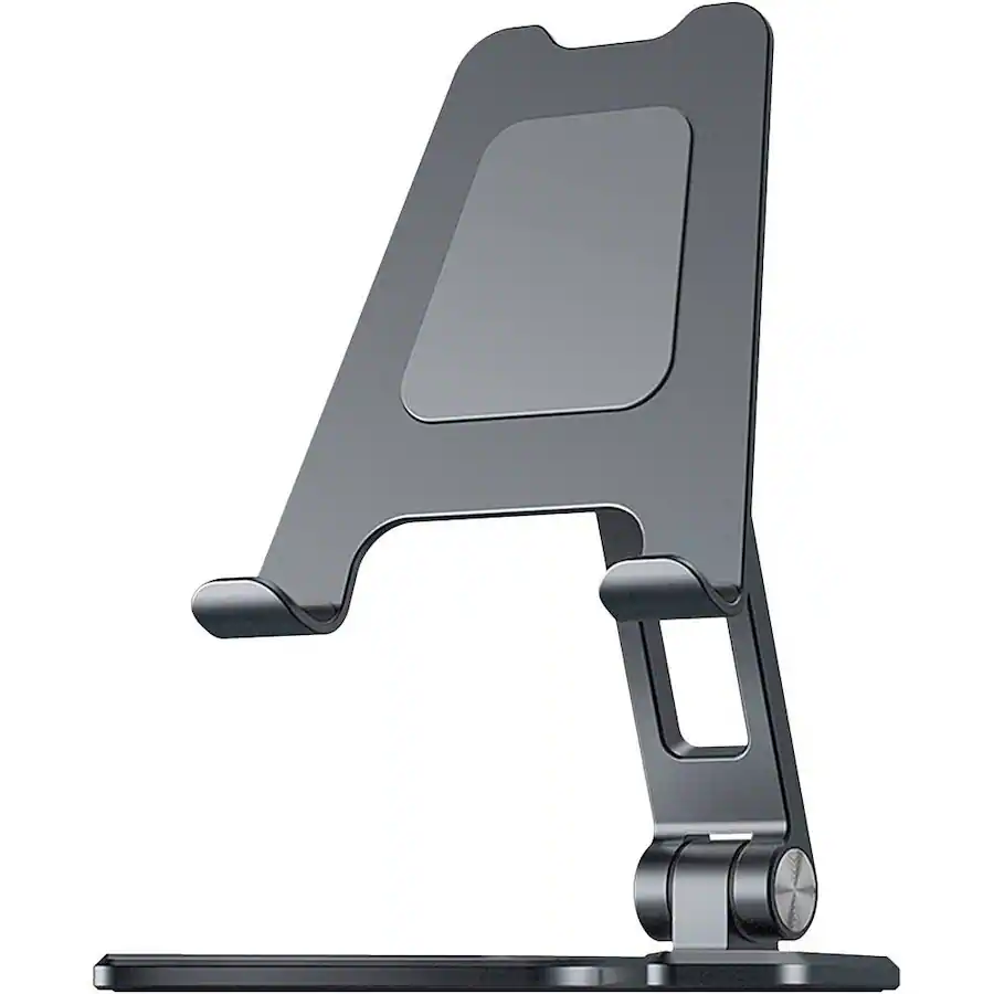 A dark metal tablet and phone stand