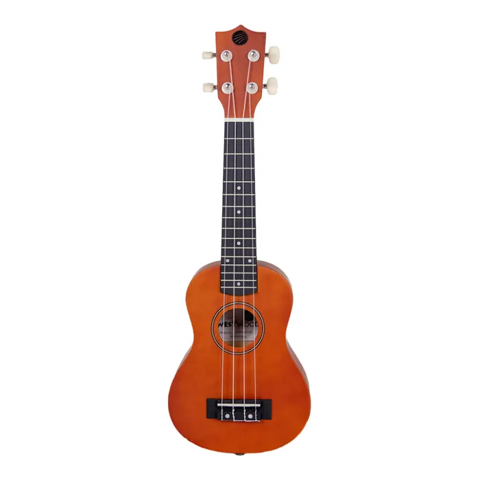 A small wooden ukulele on a white background.