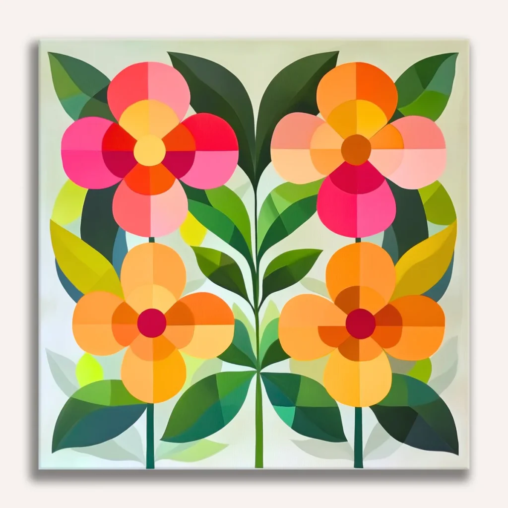 A finished painting of four colorful flowers in a block style.