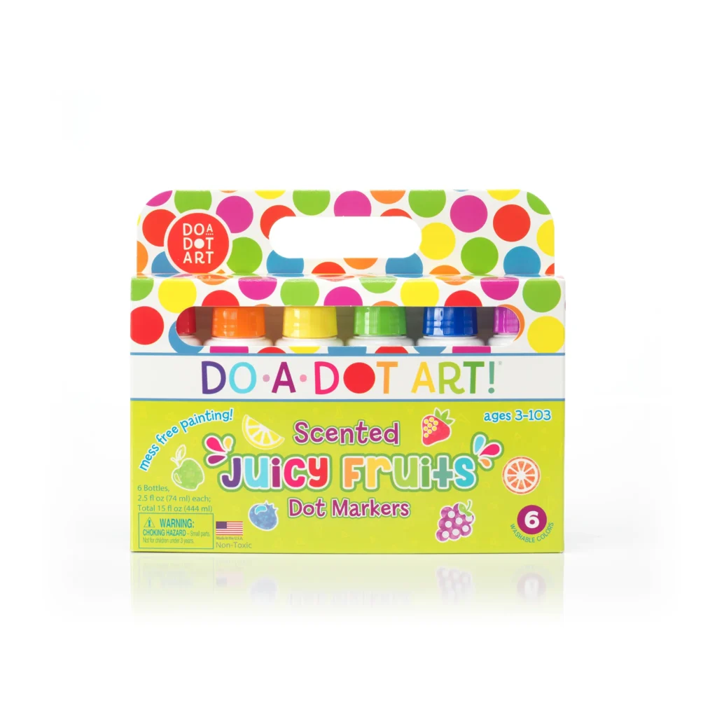 Do A Dot Art Markers in a colorful package labeled as "scented juicy fruits" over a white background.