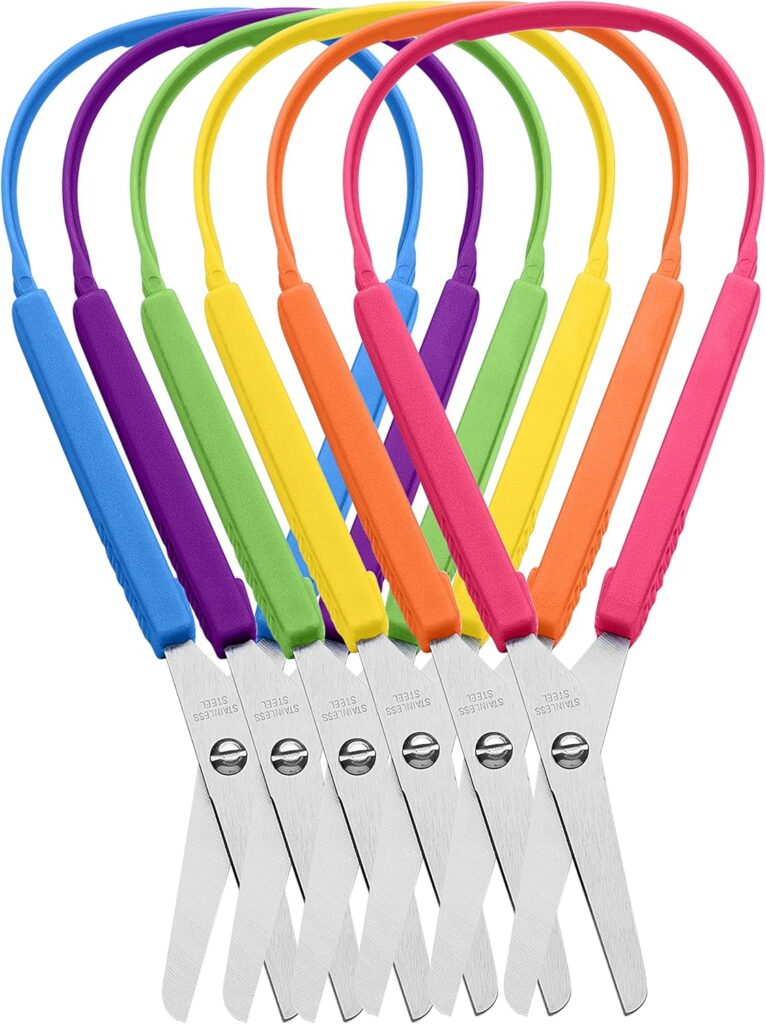 Loop scissors in various bright colors over a white background.