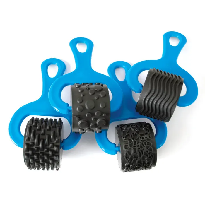 Four blue-handled textured rollers over a white background.