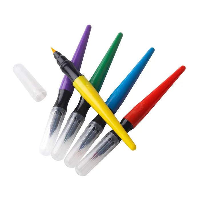 Five paintbrush pens in yellow, red, blue, green, and purple fanned over a white background.
