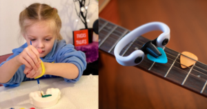 On the left, a young girls uses a small paintbrush with a yellow EasyHold cuff on it to paint a ceramic rainbow. On the right, a Strumling pick holding device with a blue pick sits atop the neck of a guitar with an orange pick beside it.